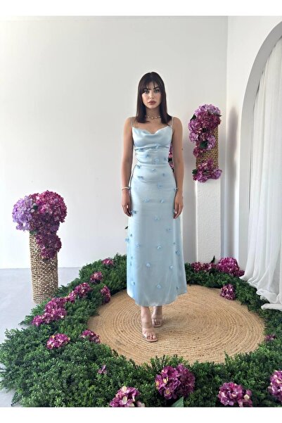 Caddebostan Moda Strappy Low-Cut Floral Detailed Satin Midi Evening Dress