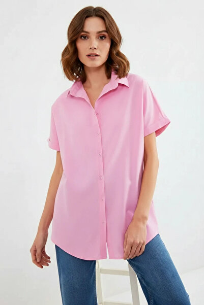 Efnaz style Women's Short Sleeve Oversize Cotton Pink Shirt