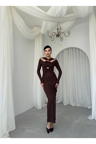Caddebostan Moda Brooch Detailed Long Sleeve Evening Dress Midi Length Specia...