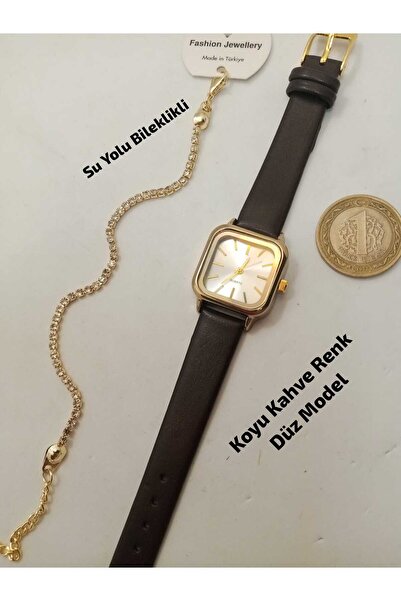 Brality Vintage Design Model, Gold Color Case, Silver Color Dial, Dark Brown ...