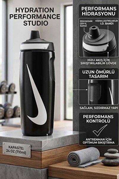 Nike Suluk, Sporcu Matarası, Siyah Matara, 24 oz Suluk, 710 ml Matara, Sızdır...