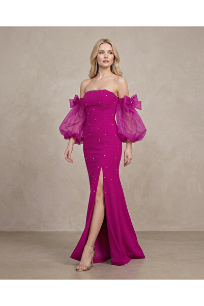 NO BRAND Vrn-Drs-029 |   Evening Dress with Tulle Sleeves Embellated with Rhi...