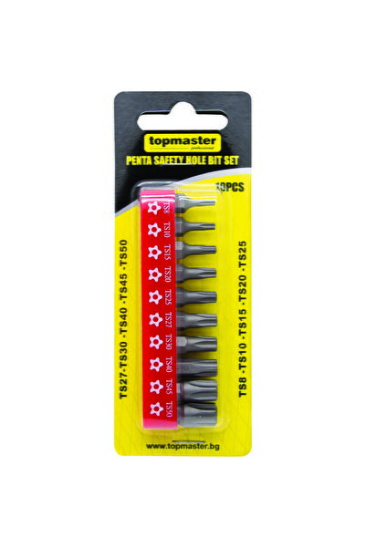 Top Master Pro Top Bottom Set of 10 Torx Penta bits, safety hole 1/4 TS8-50 TMP