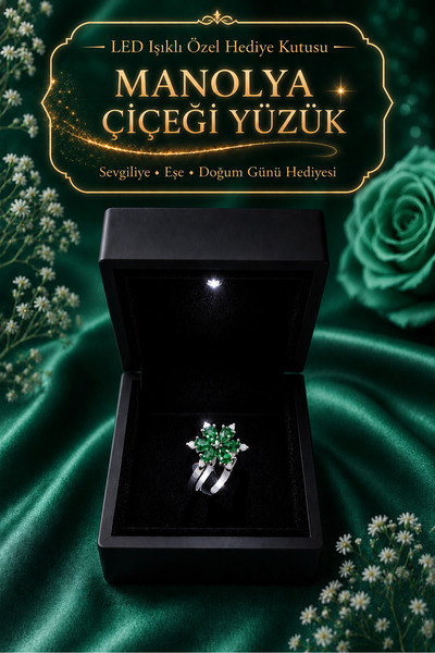 CAN SİLVER 925 Ayar Işıklı kutuda Gümüş Kaplama Zümrüt Taşlı Manolya çiçeği A...