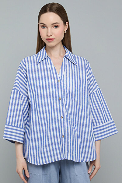 R&B Striped Shirt with Spread Collar and 3/4 Sleeves