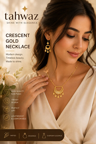 Tahwaz Gold Plated Crescent Moon Necklace and Earring Set for Women – Elegant...