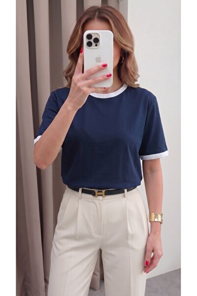 Teenage Millionaire Women's Navy Blue White Piping Decorated Medium Thick Fab...