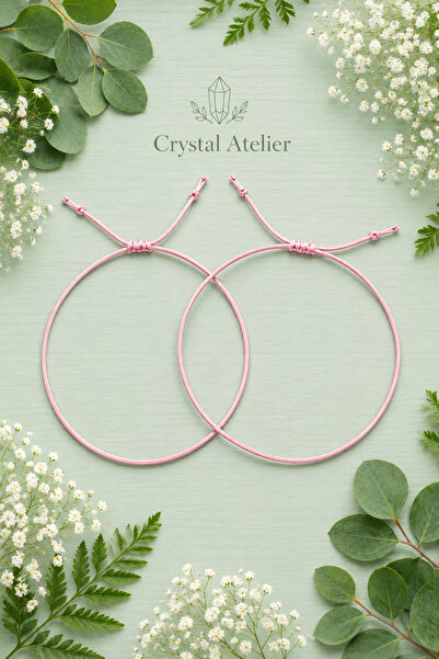 Crystal Atelier Pembe İp Bileklik 2’li Set Ayarlanabilir Makrome Unisex Arkad...