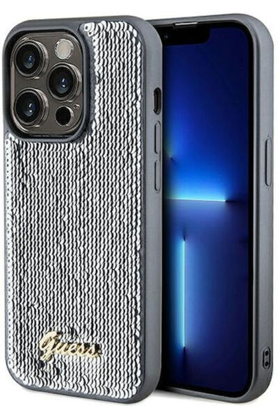 Guess Sequin Script Μεταλλικό Πίσω Κάλυμμα Πλαστικό Γκρι (iPhone 14 Pro) Κωδι...