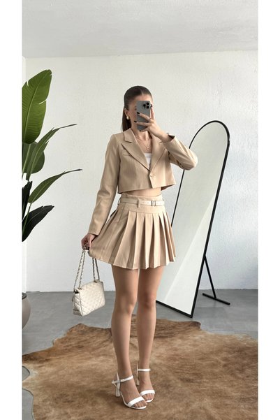 asfamoda Women's Cream Striped Lined Single Button Crop Jacket Belted Lined Pleated Skirt Set
