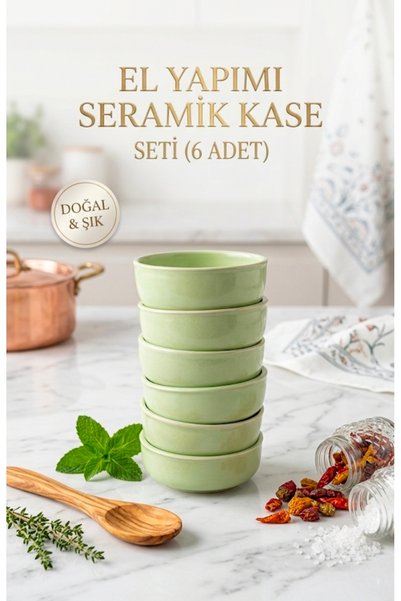 newme 6’lı Seramik Kase Seti Açık Yeşil | El Yapımı Minimal Sunum Kasesi 8,5 cm