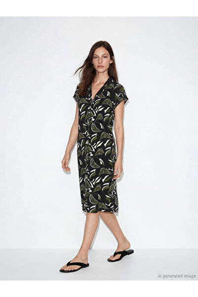 LC Waikiki Black Shirt Collar Patterned Women's Beach Dress