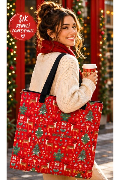 BYBAG حقيبة كتف بنمط غزال لعيد الميلاد |   حقيبة حمل من قماش أكسفورد مزدوجة ا...