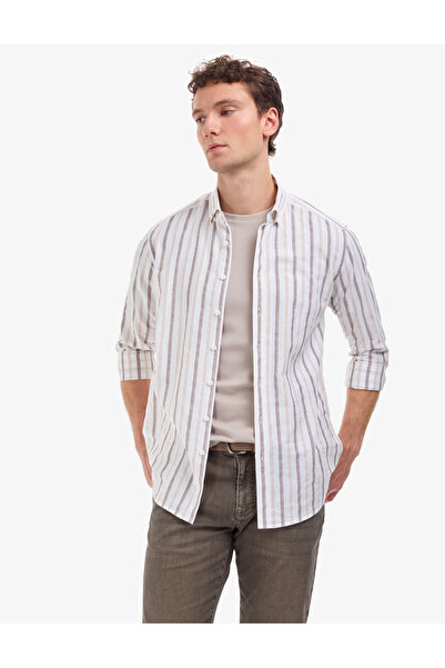 Pierre Cardin Brown Striped Regular Fit White Long Sleeve Shirt 50320885-Vr084