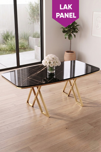 Canisa Peras Serisi 90x160 Lak Panel Siyah Mermer Desen Gold Ayaklı Masa