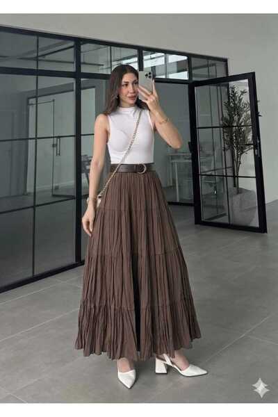 QUAWEAR Layered Tencel Crinkle Skirt with Elastic Waistband