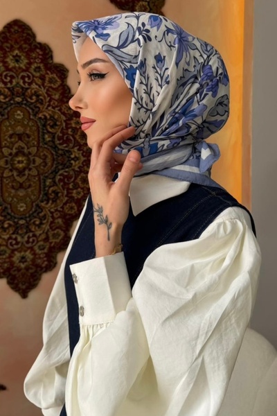İmajButik Blue Patterned Silk Scarf