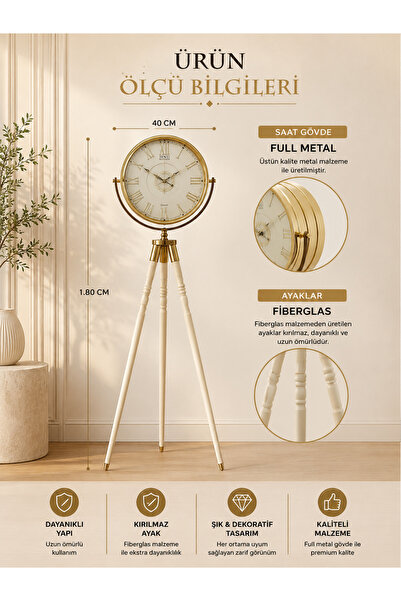 MİRO EXPRESS HND Gold Tripod Ayaklı Dekoratif Metal Salon Saati 180 cm