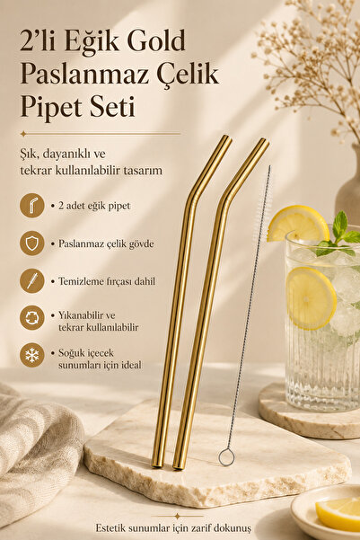 Anadolu Saray 2'li Eğik Gold Paslanmaz Çelik Pipet Seti Temizleme Fırçalı Met...