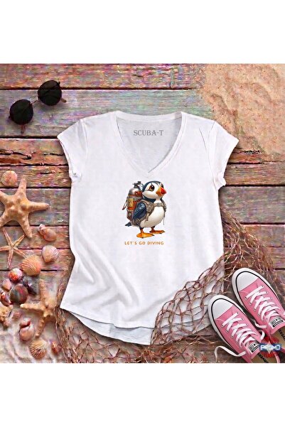 ScubaPromoTurkey Penguin Diver Printed White V-Neck Flared Cotton T-Shirt