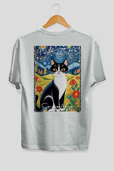 Ankhises For the Love of Cats 78 Cats Printed White Oversize T-Shirt 100% Cot...