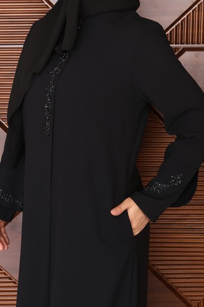 Işıltı Ferace Laser Cut Stone Detailed İkbal Ferace (Black)