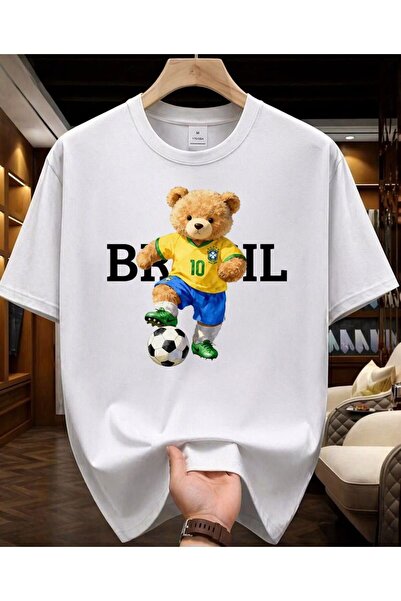 LELVANİ Brazil Themed Plush Bear Print Oversized Crewneck T-Shirt