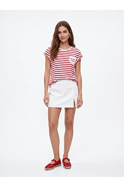 Ltb Striped White T-Shirt with Folded Sleeve Detail
