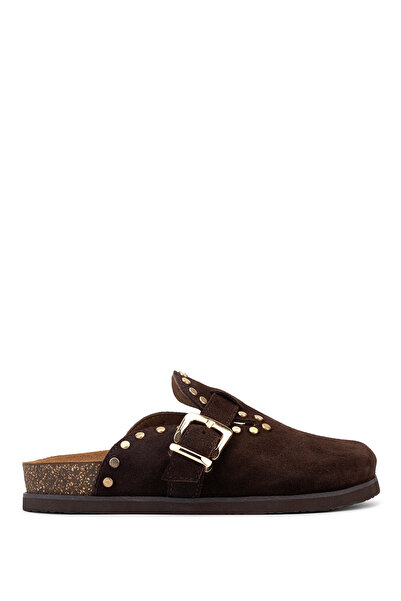 Tamer Tanca Women's Genuine Leather Brown Suede Flat Slippers