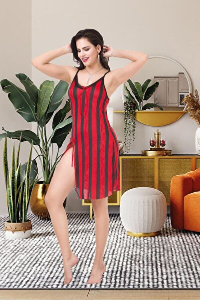 IZABEL Lingerie Red S/M-L/Xl Size Black Striped Strap V-Neck Slit Women's Min...