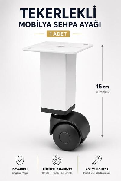 NZB Beyaz Metal Gövdeli Plastik Tekerlekli 15 cm Kare (1 Adet) Mobilya Baza S...