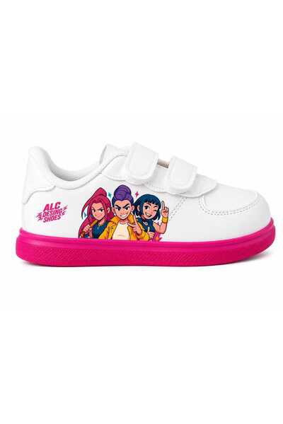 alcdesing حذاء رياضي للأطفال مطبوع عليه Super Toy Girls باللونين الأبيض والوردي