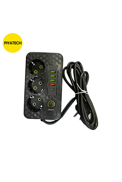PİYATECH 2500W Akım Korumalı 3'lü Grup Priz – 4 USB & 1 Type-C Hızlı Şarj Sok...