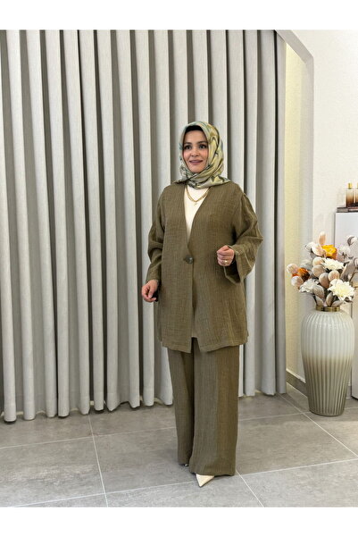 Armine Muslin Fabric Jacket and Pants Suit in Oil Green