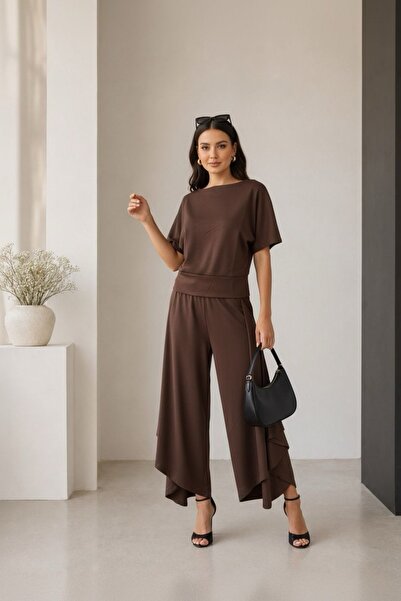 BELISTIL Women's Draped Modal Blouse and Flounce Detailed Palazzo Pants Set
