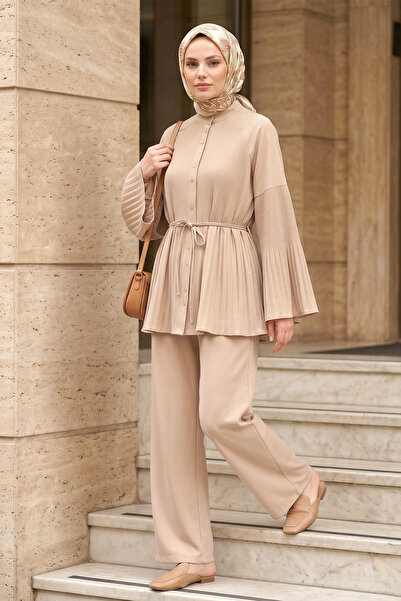 FERHEL Hijab Pleated High Collar Buttoned Crepe Fabric Suit - Stone