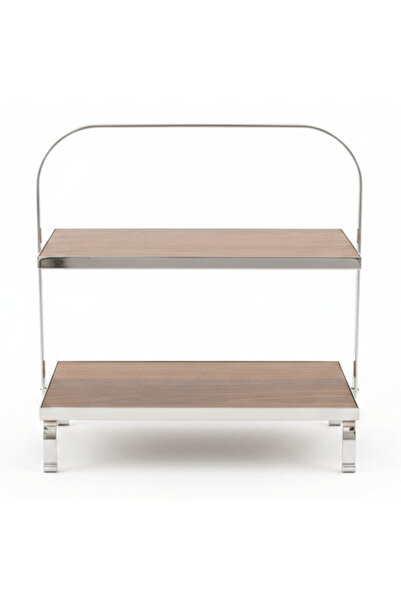 AKDC May Flower 2-Tier Rectangle Wooden Cake Stand | Silver Stainless Steel F...