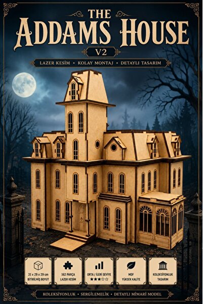 ALGWOOD Addams House V2 Ahşap Maket – Gotik Köşk Modeli, 162 Parça Lazer Kesi...