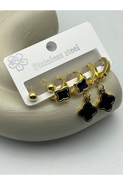 BİJU YILMAZ 26Clk61 Black Clover Dangle Gold Steel Earring Set