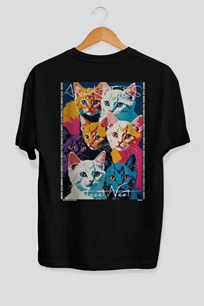 Ankhises For the Love of Cats 20 Cats Printed Black Oversize T-Shirt 100% Cot...