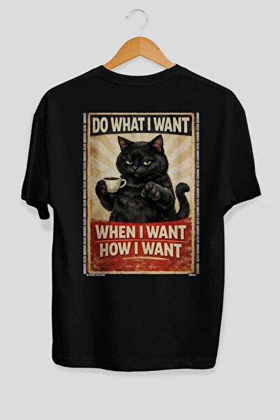 Ankhises For the Sake of Cats 113 Cat Printed Black Oversize T-Shirt 100% Cot...
