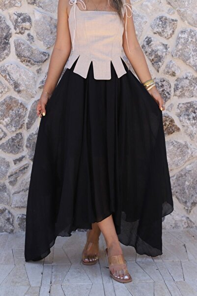 bytugcekaya Black Asymmetrical Skirt with Elastic Waist