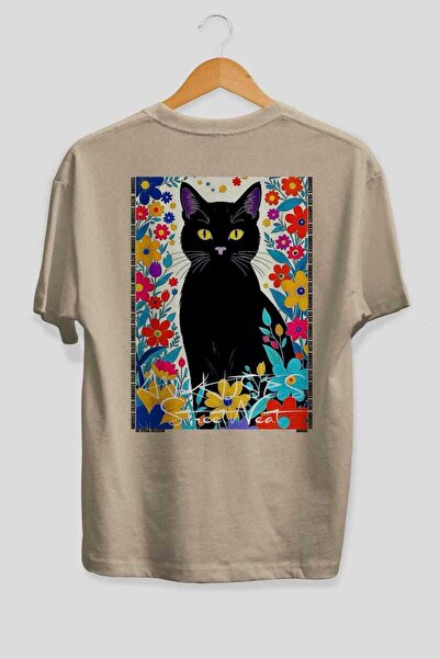 Ankhises For the Love of Cats 98 Cat Printed Beige Oversize T-Shirt 100% Cott...