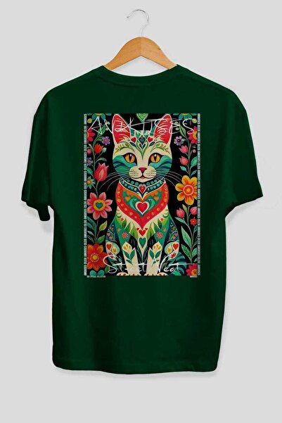 Ankhises For the Love of Cats 18 Cats Printed Green Oversize T-Shirt 100% Cot...