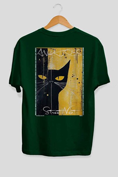 Ankhises For the Love of Cats 73 Cat Printed Green Oversize T-Shirt 100% Cott...