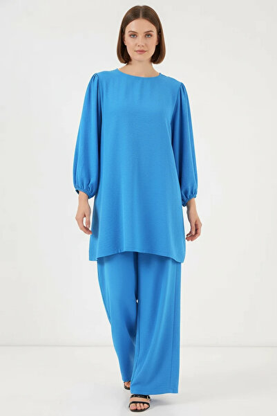 buğrahayalin Women's Round Neck Balloon Sleeve Blue Tunic Pants Top and Botto...