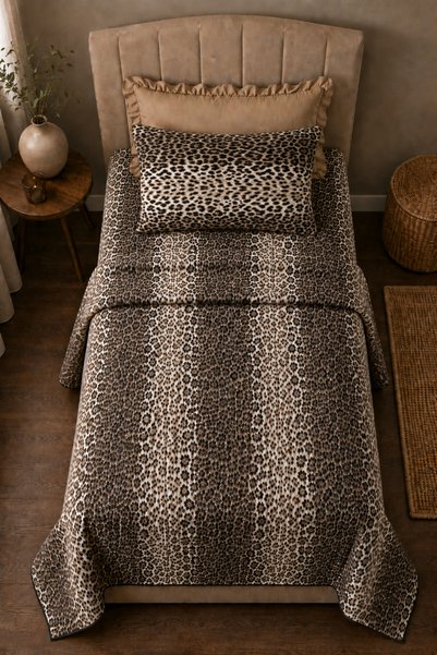 XVA Leopard Patterned Single Pique Set 160X240 cm |   1 Piece with Ruffles |   1 Leopard Pillowcase