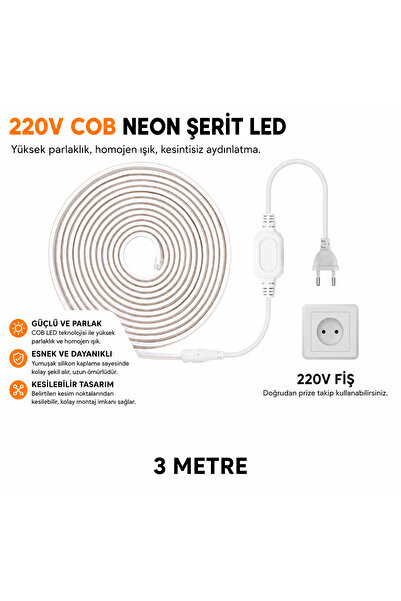 LİNALP 3 Metre 220V COB Neon Şerit LED – Prizli, Esnek, Kesilebilir, Homojen ...