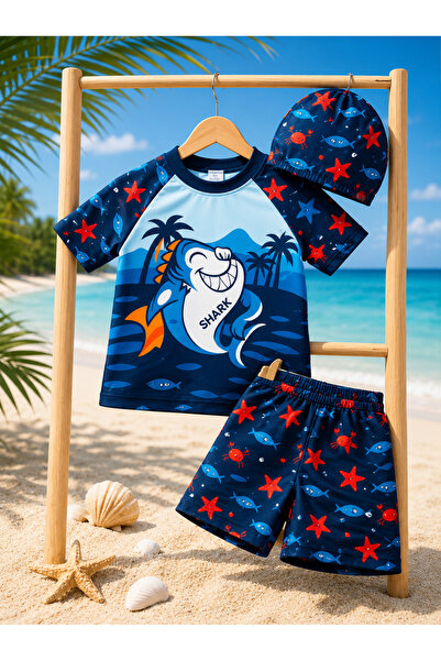 rony pony kids Erkek Çocuk UV Korumalı Mayo Takımı Şapkalı 3 Parça