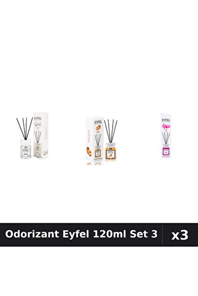 Eyfel Set 3 Odorizant Cameră Betișoare 120ml - Bumbac, Piersică, Bubble Gum